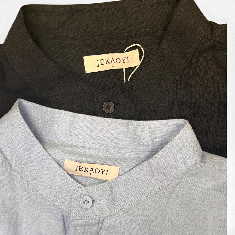 Jekaoyi Mens 2 Pack Cotton Linen Band Collar Shirts Large Black Light Blue Large